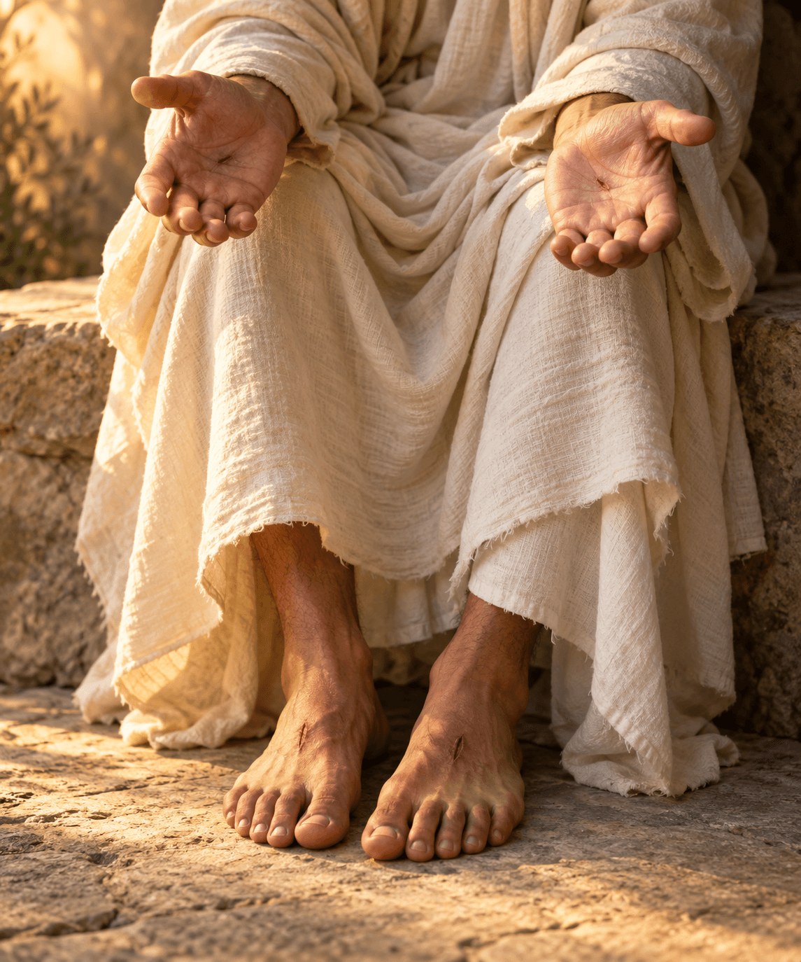 The open hands and wounded feet of Christ, seated in a linen robe.