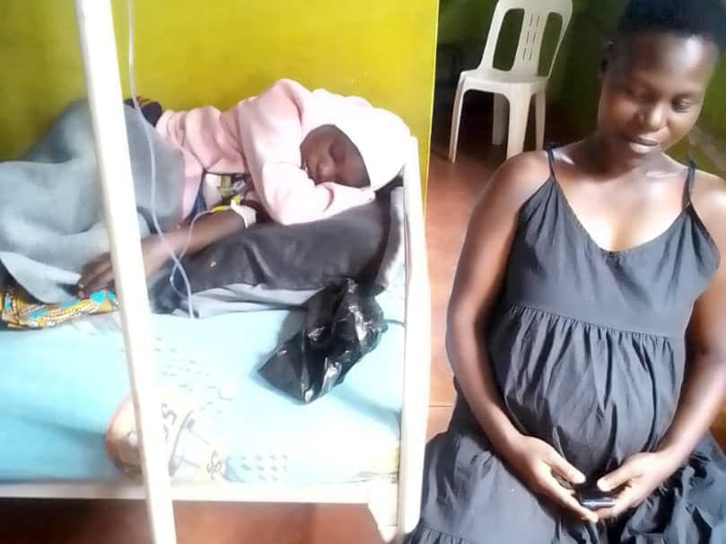 Split photo of a child lying wrapped on a bunk bed beside a seated pregnant woman at home.