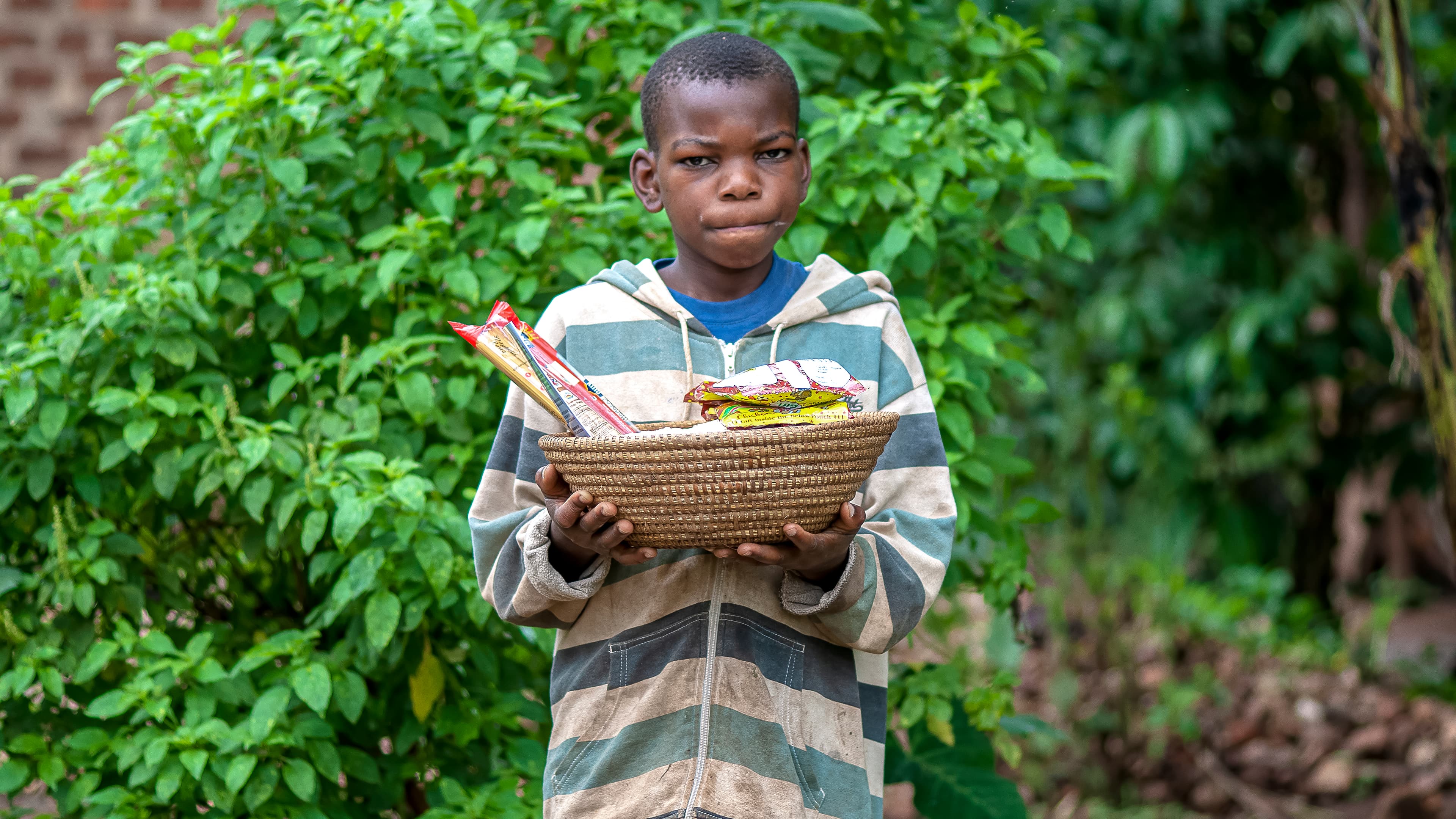 A boy holds a basket of food gifts while standing among green plants.