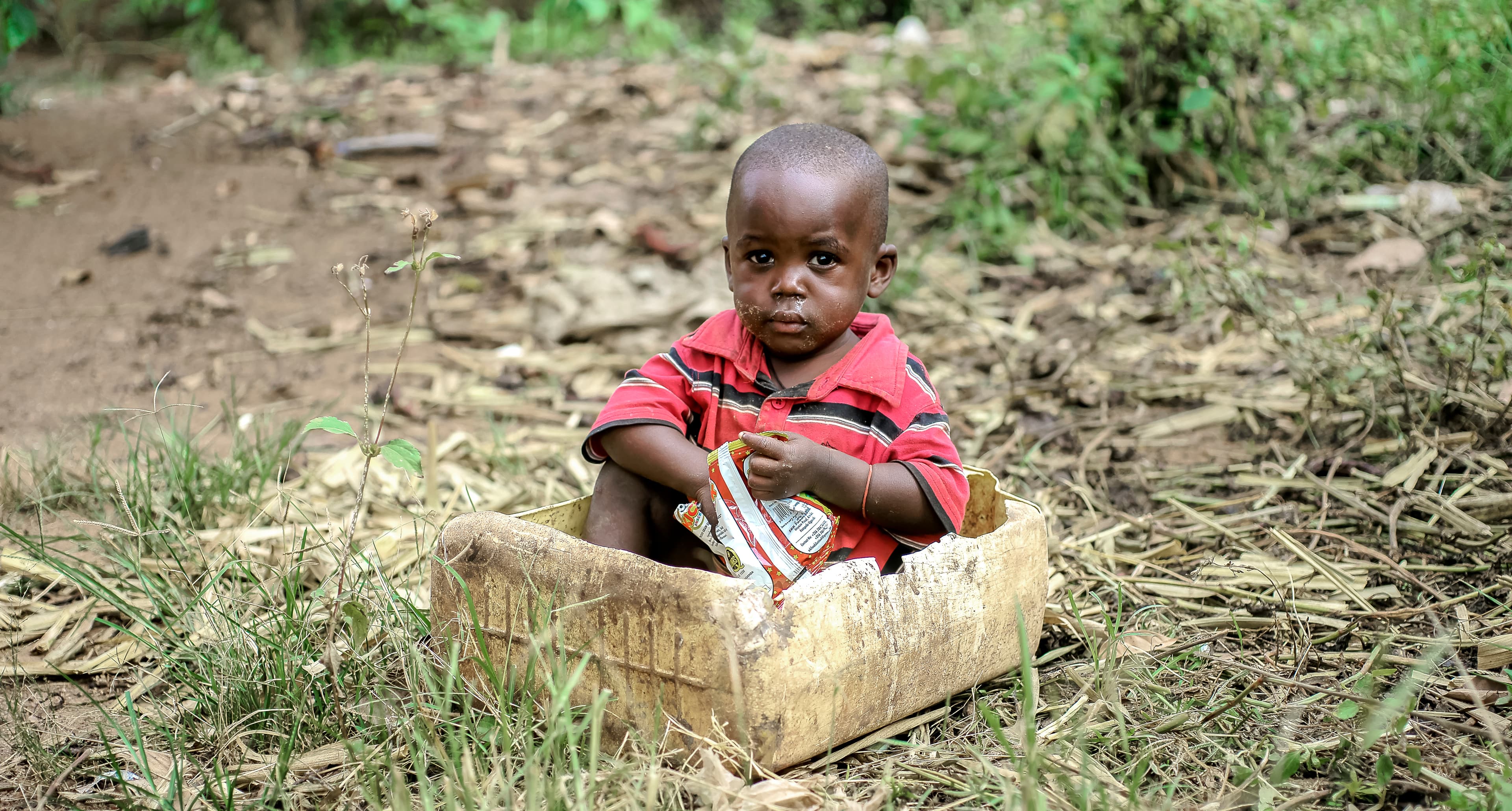 A toddler in a red shirt sits inside a small wooden crate outdoors.