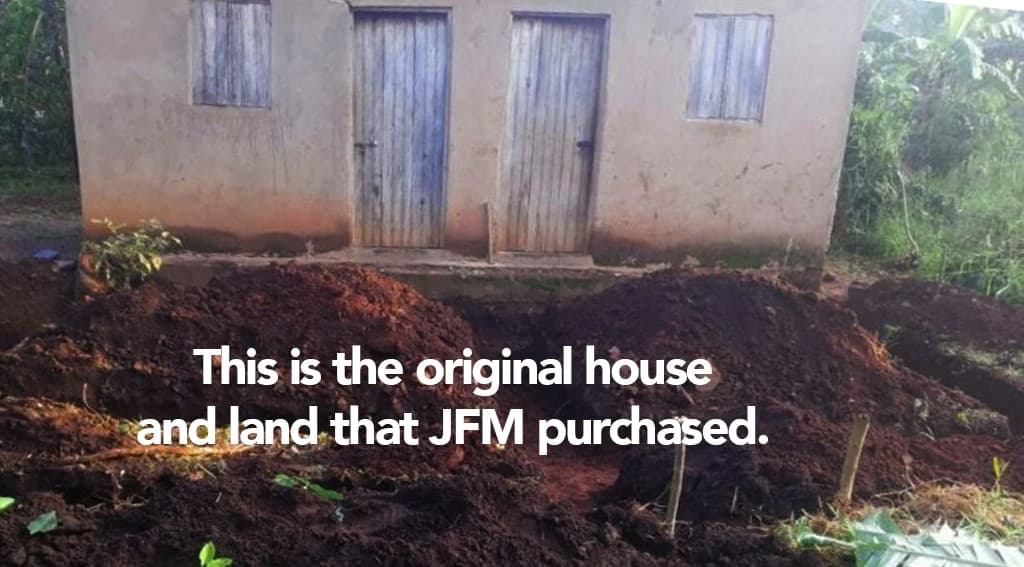 The original small house and land that JFM purchased, shown with an explanatory text overlay.
