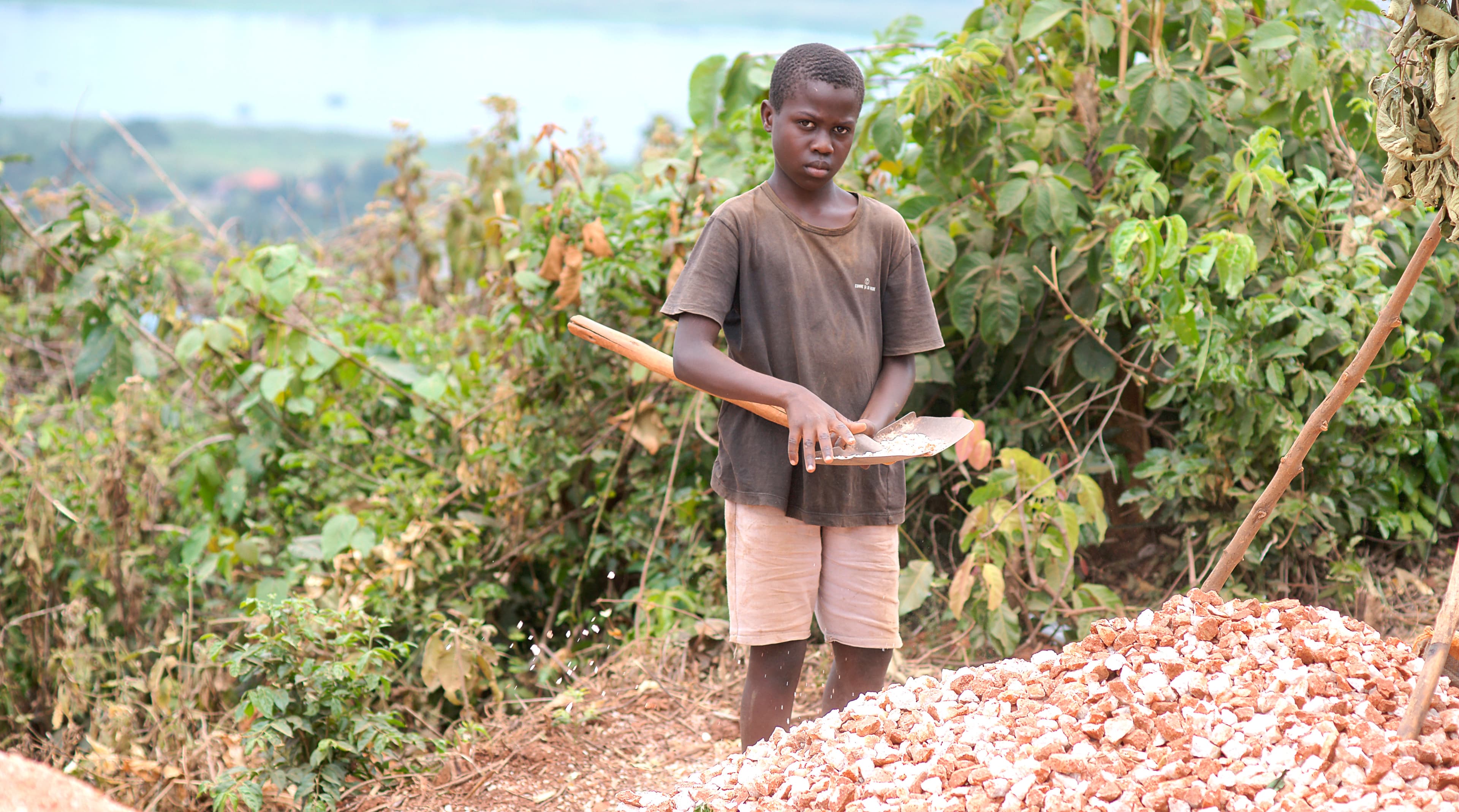 Boy stands in the quarry holding a rock, greenery visible behind him.