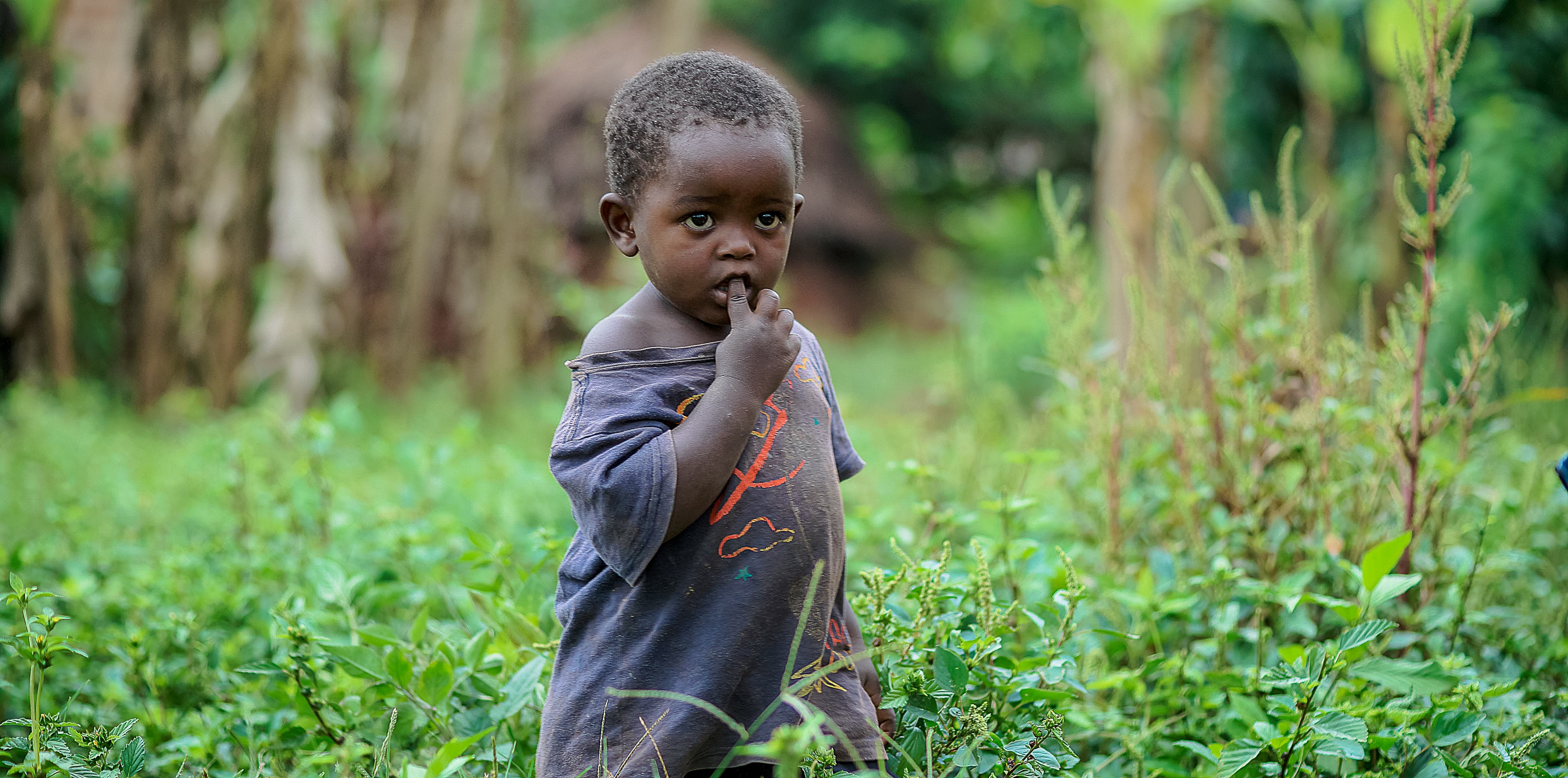 Young boy stands alone in an open field.