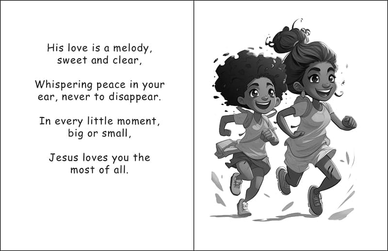 Illustrated page of two children running joyfully, with verse text comparing love to a melody.