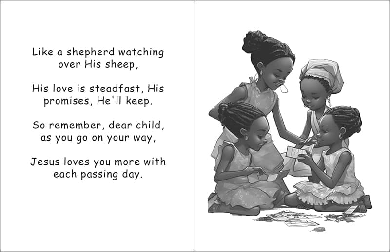 Illustrated page of children gathered together, with verse text describing Jesus as a shepherd watching his flock.