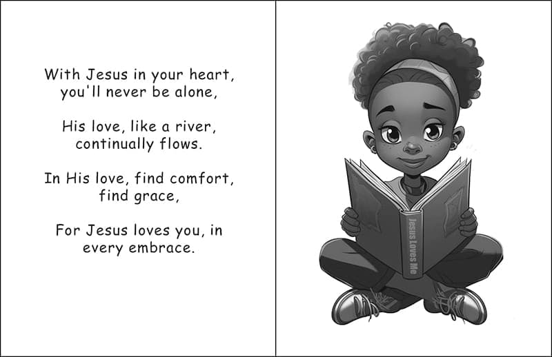 Illustrated page of a girl sitting and reading a book, with verse text about finding comfort in Jesus.