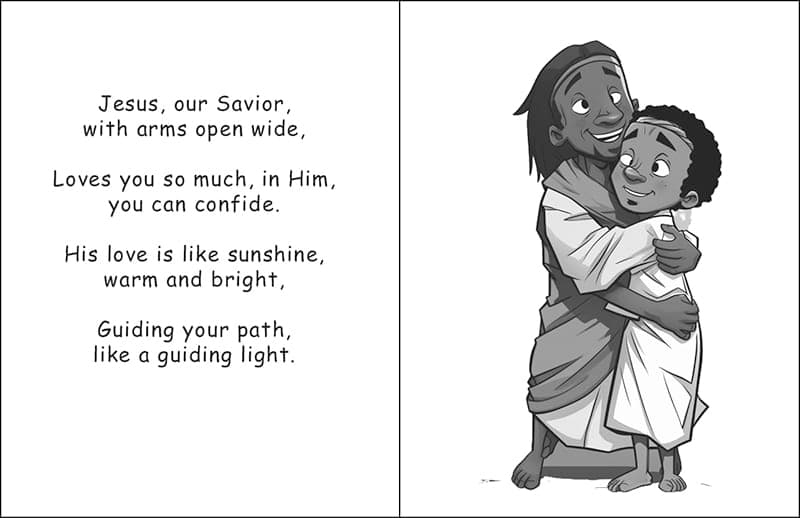 Closing two-page spread with verse text and an illustration of Jesus embracing a child.