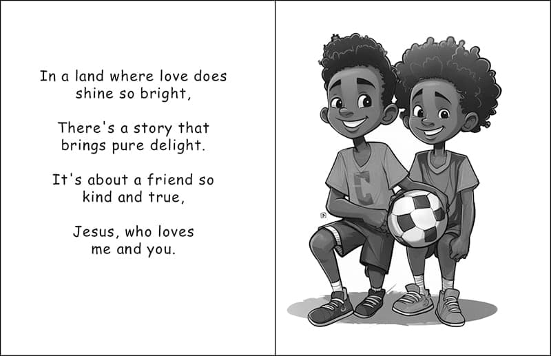 Illustrated page of two children playing soccer together, accompanying a story about friendship and kindness.