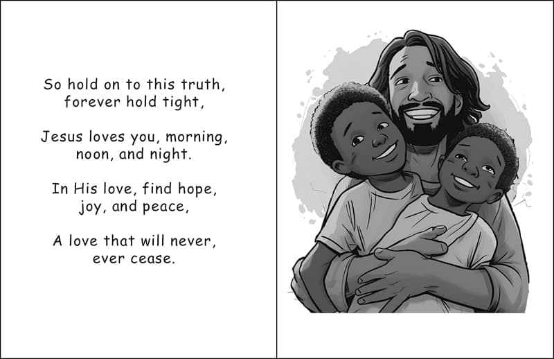 Illustrated page of Jesus embracing a child, with verse text urging readers to hold fast to love.