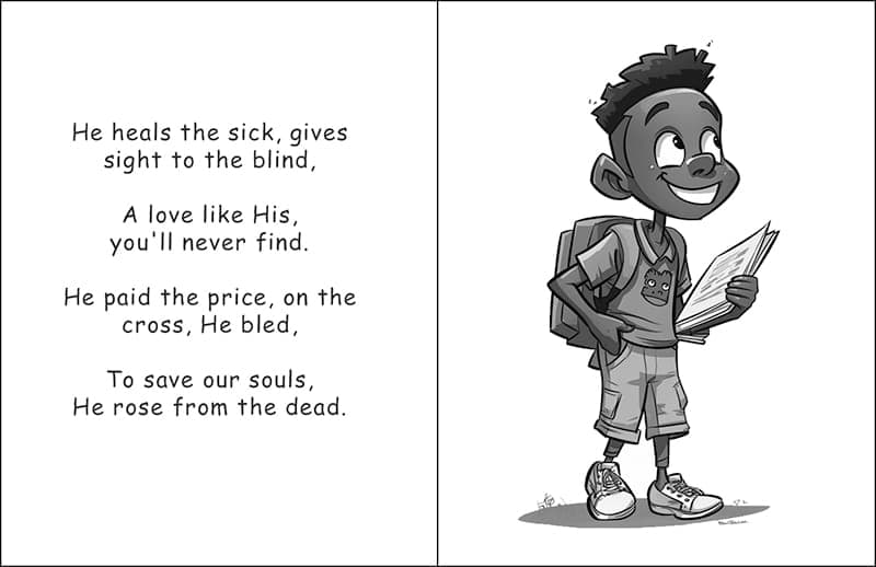 Illustrated page of a boy reading, with verse text about Jesus healing the sick and giving sight to the blind.