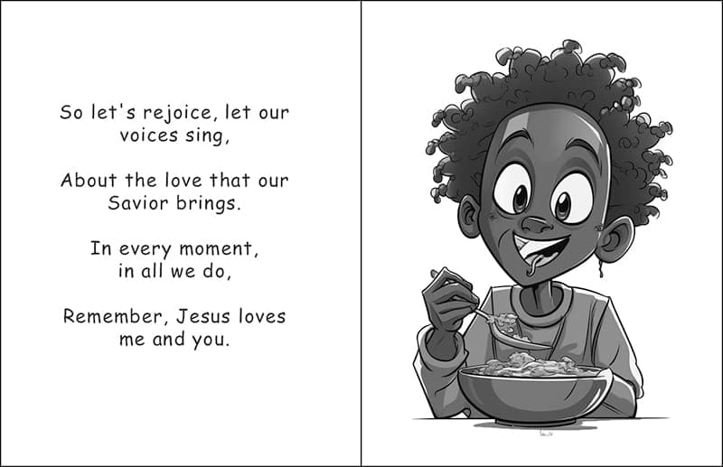 Illustrated page of a smiling child eating from a bowl, with verse text about rejoicing in Jesus' love.