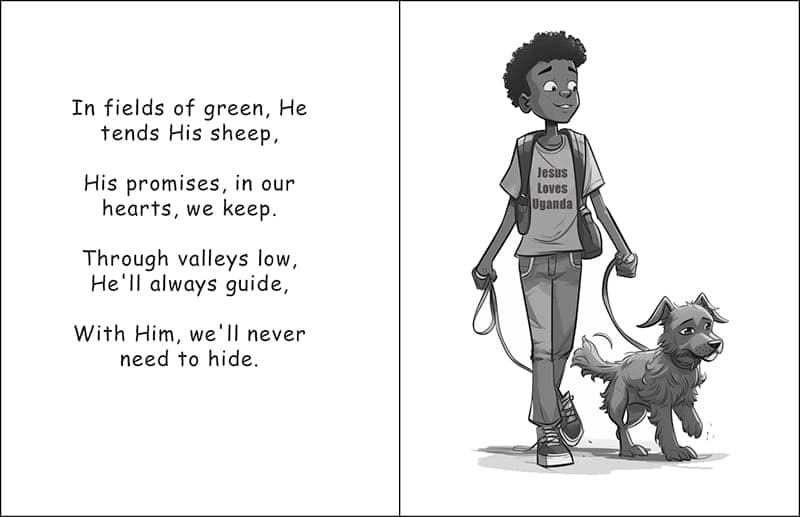 Illustrated page of a boy walking a dog through a green field, with verse text about God's promises.