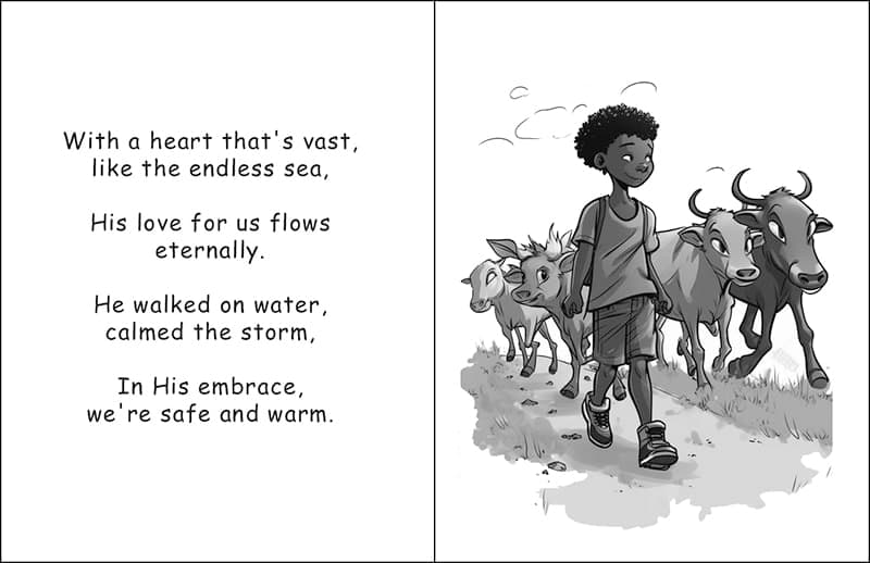 Illustrated page of Jesus walking on water and calming a storm, with accompanying verse text.