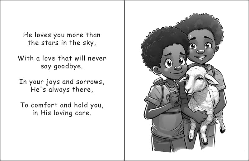 Illustrated page of Jesus holding a lamb and a child, with verse text about God's constant love.