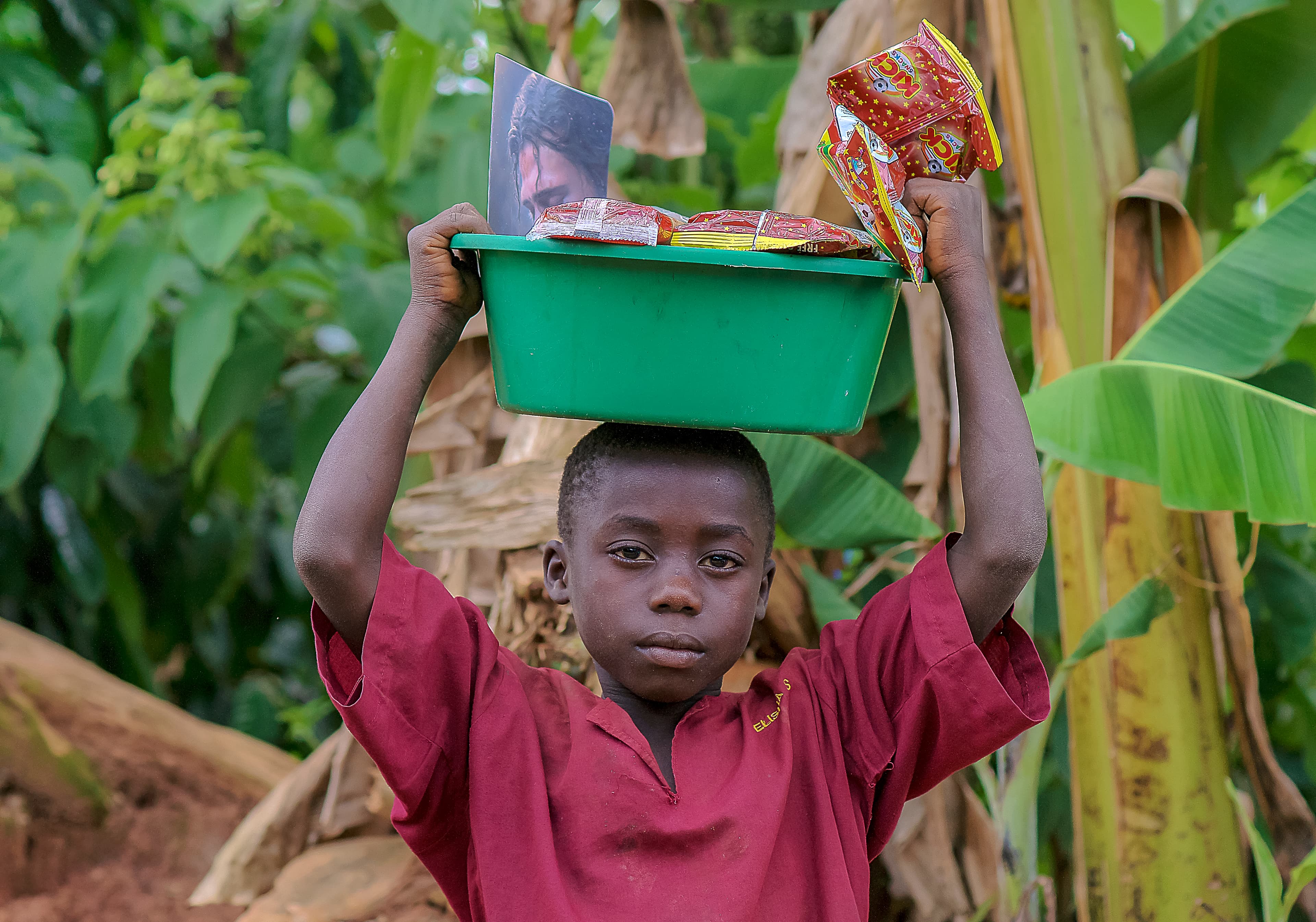 A boy in a red shirt balances a green tray of food on his head near banana plants.