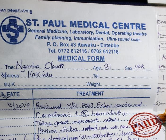 A completed medical treatment form from St. Paul Medical Centre stamped "PAID" in red.