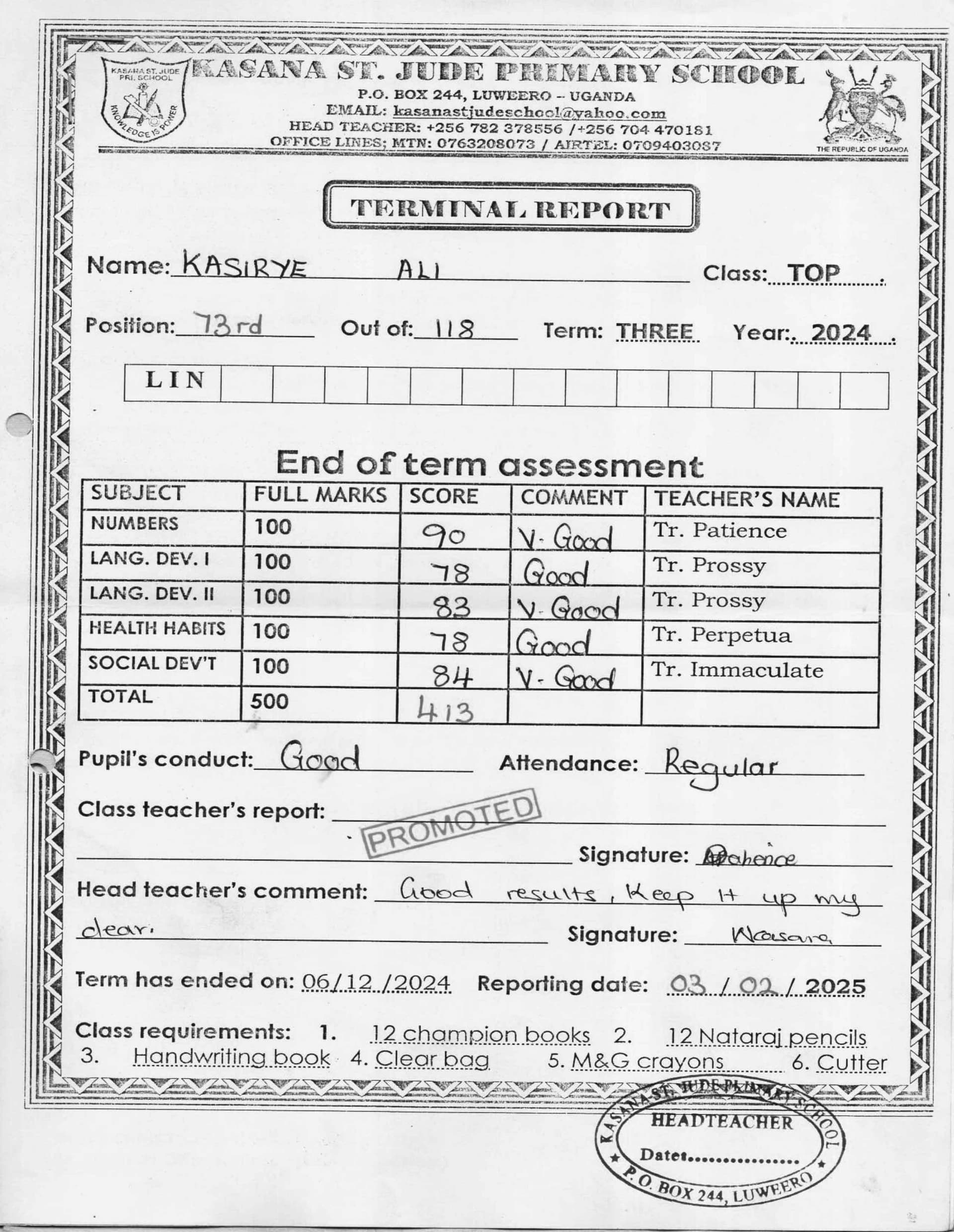Close-up of a school terminal report document showing grades and teacher comments.