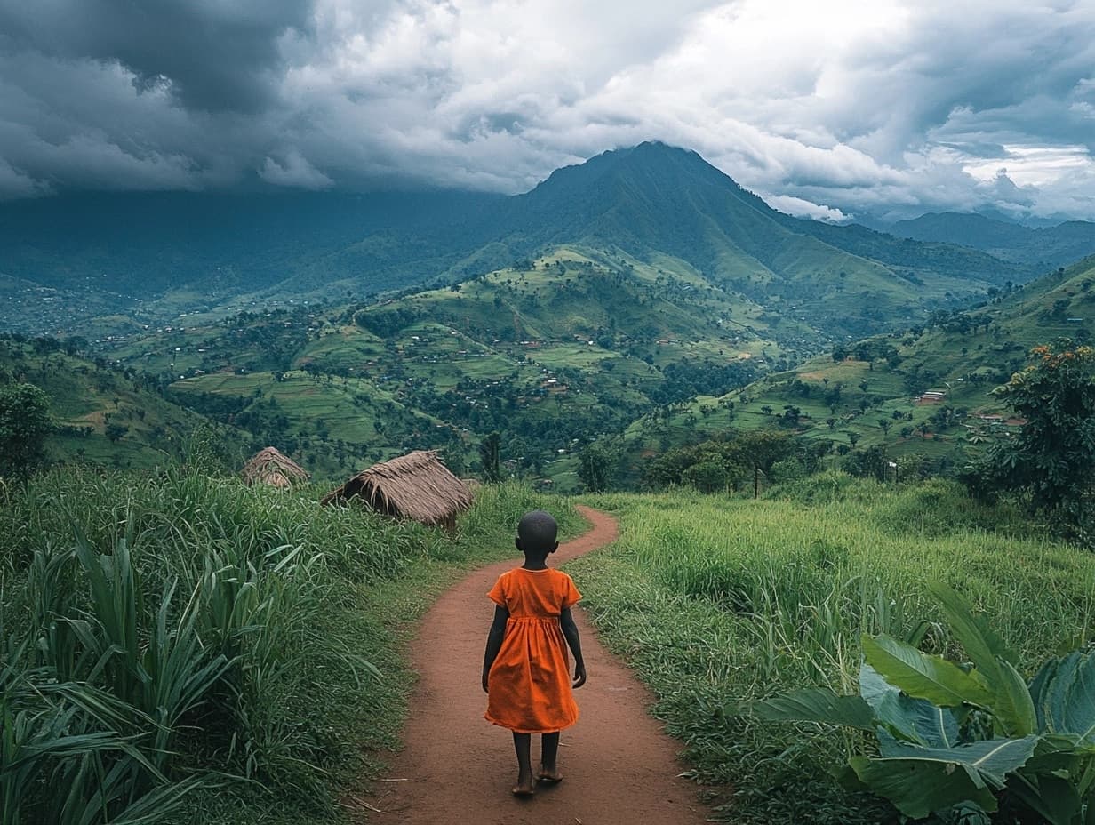 A child in an orange outfit walks alone down a dirt path through green hills, a mountain in the background.