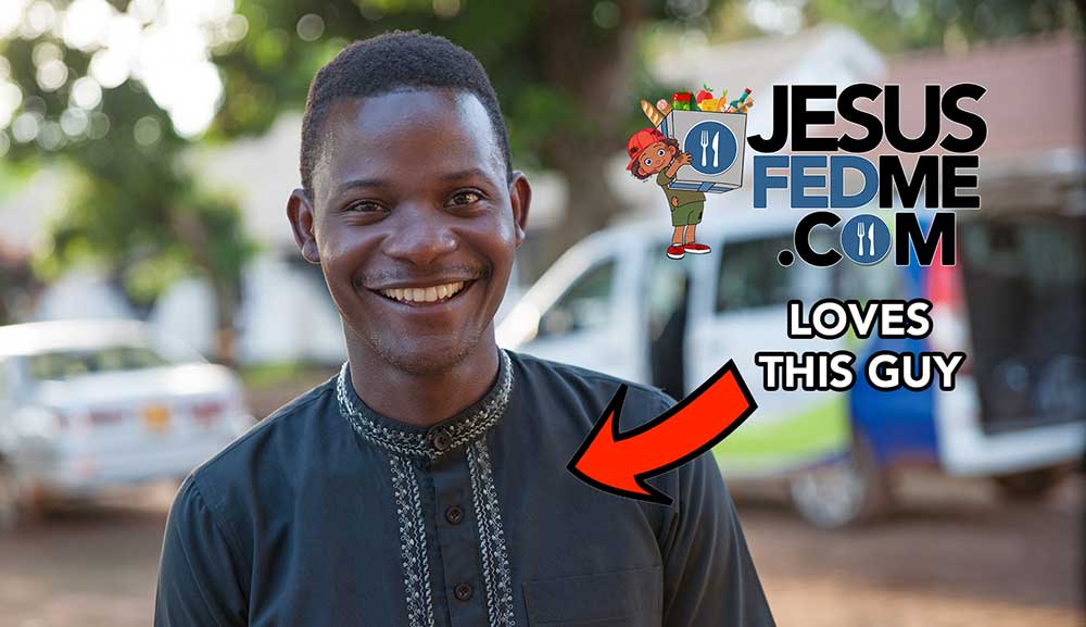 Promotional graphic of ministry partner Mathiew Saba smiling, with a "Jesus Fed Me.com Loves This Guy" banner.
