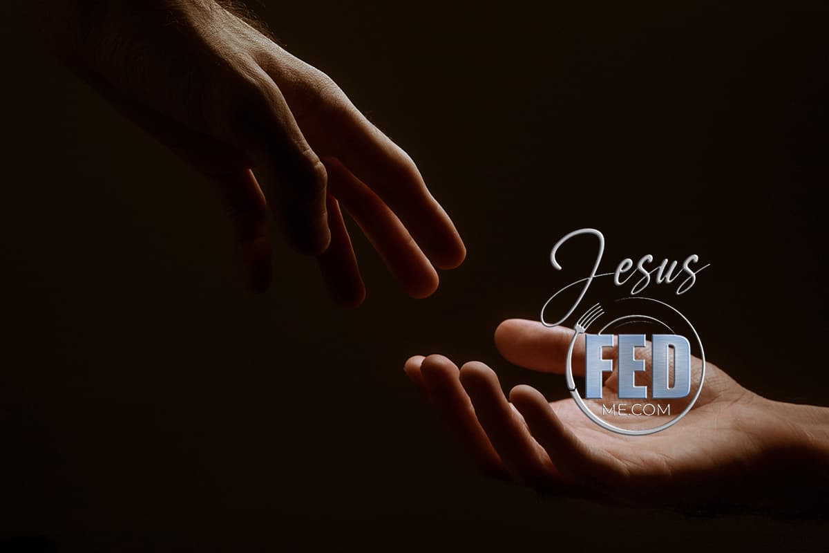Graphic illustration of two hands reaching toward each other with the Jesus Fed Me logo.