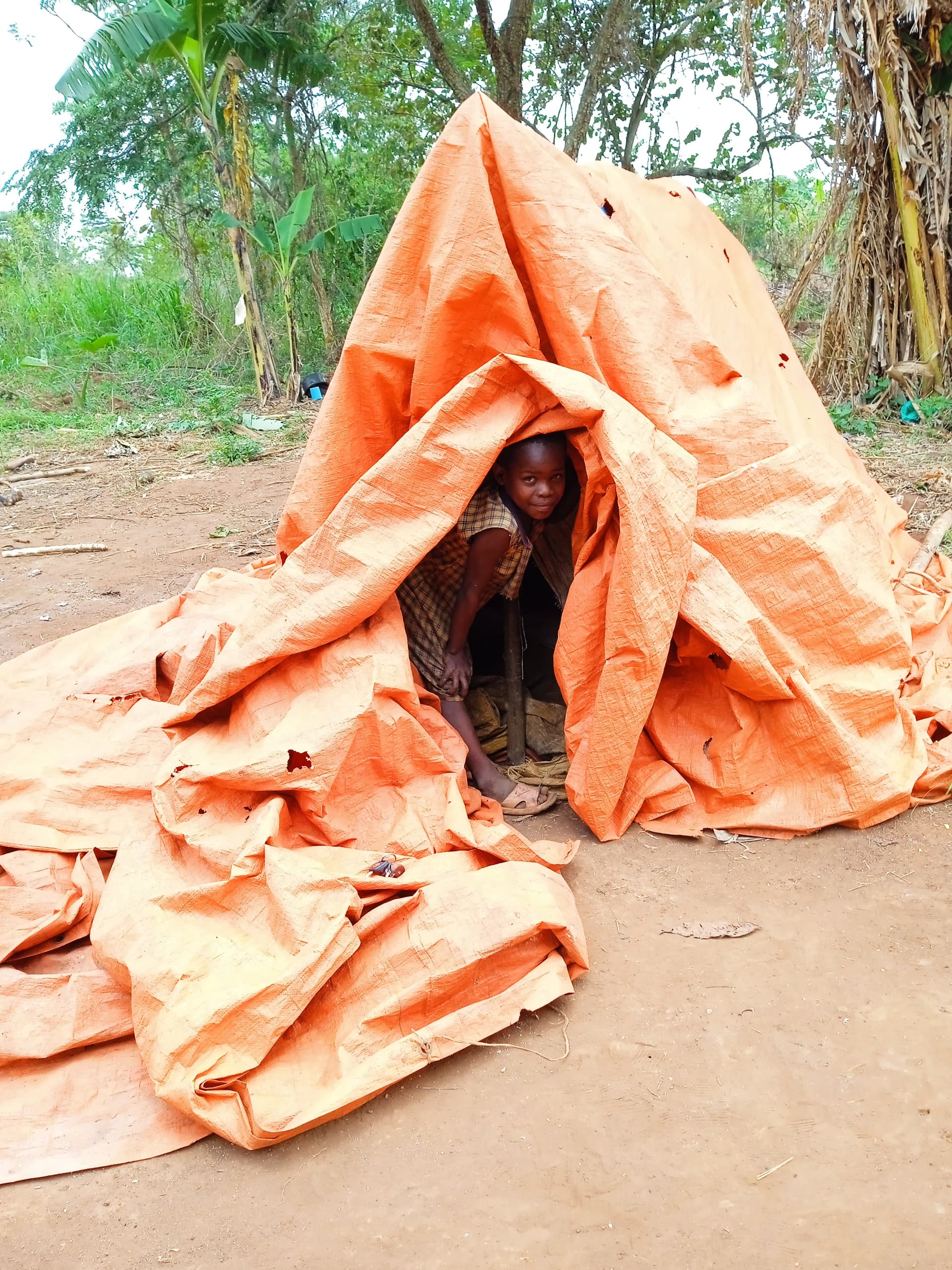 A person peers out from inside an orange tarp shelter that serves as their home.