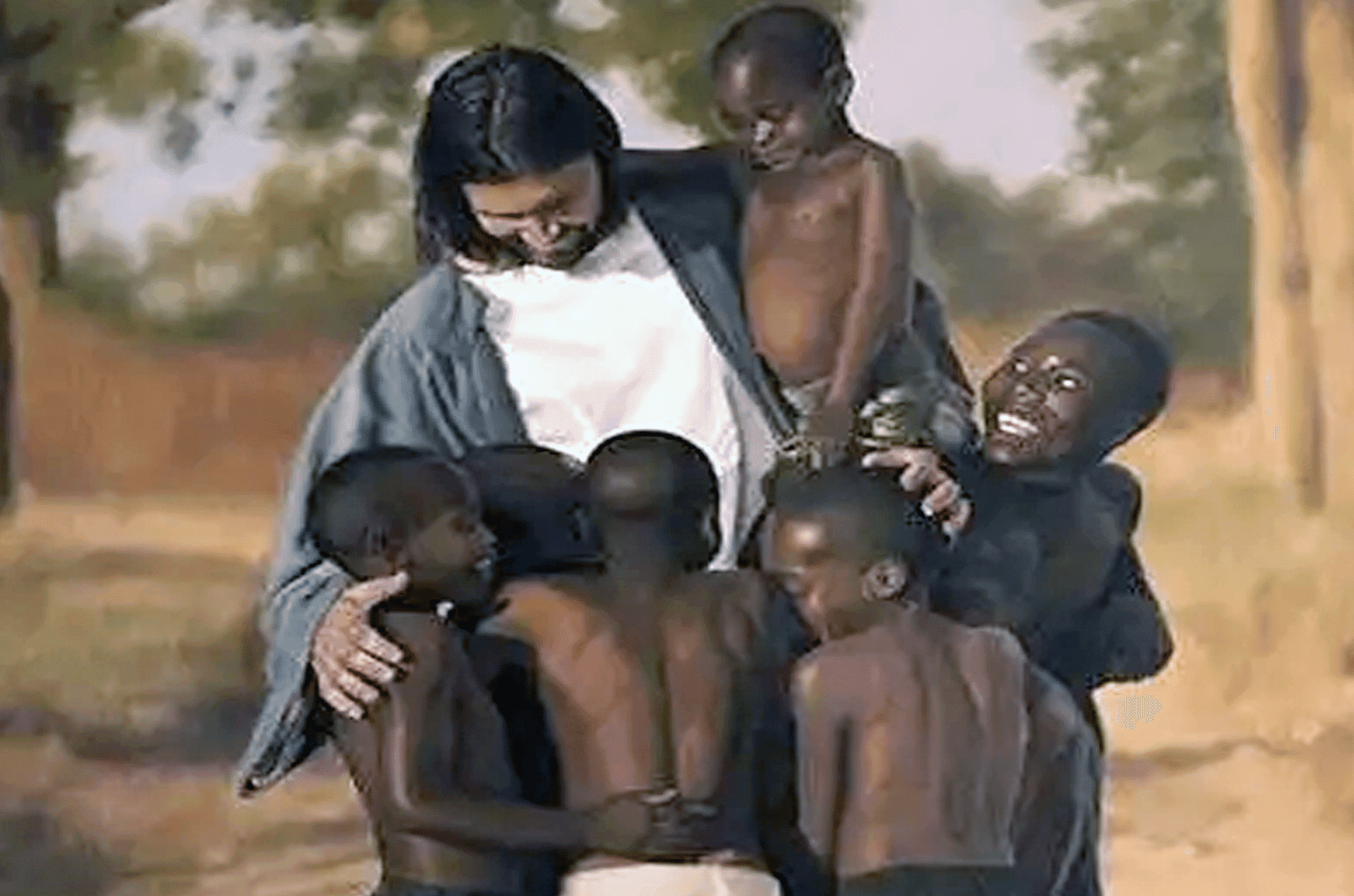 Illustrated devotional image of Jesus embracing a group of children outdoors.