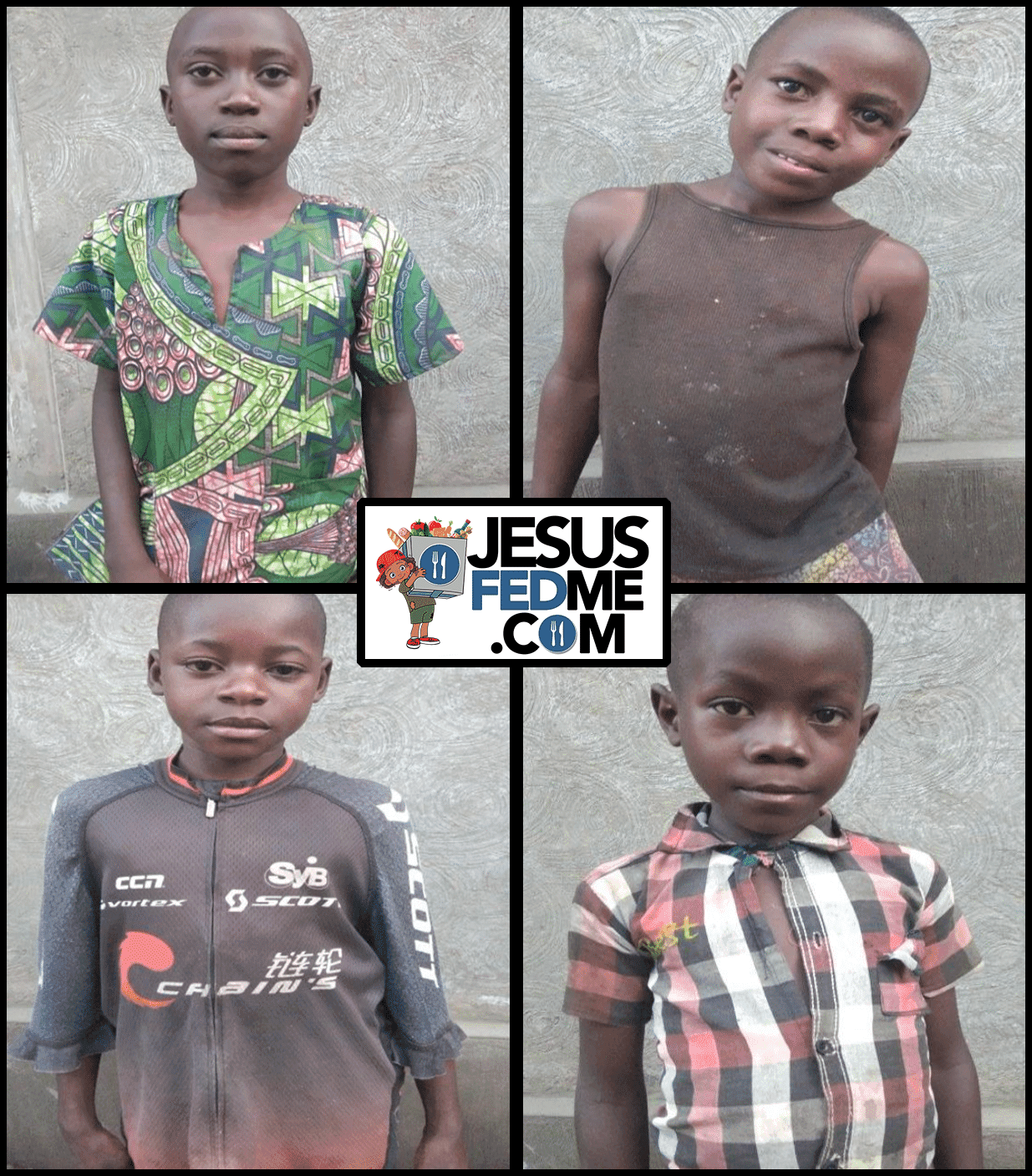 A four-photo collage of one of the orphan boys in different outfits, with the Jesus Fed Me logo overlaid.