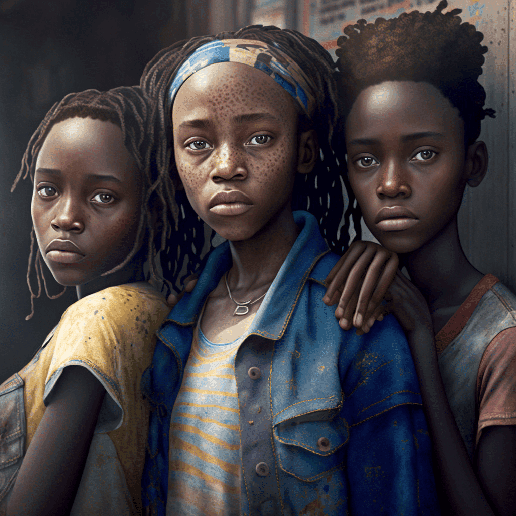 Stylized portrait-style image of three girls standing close together, arms around one another.
