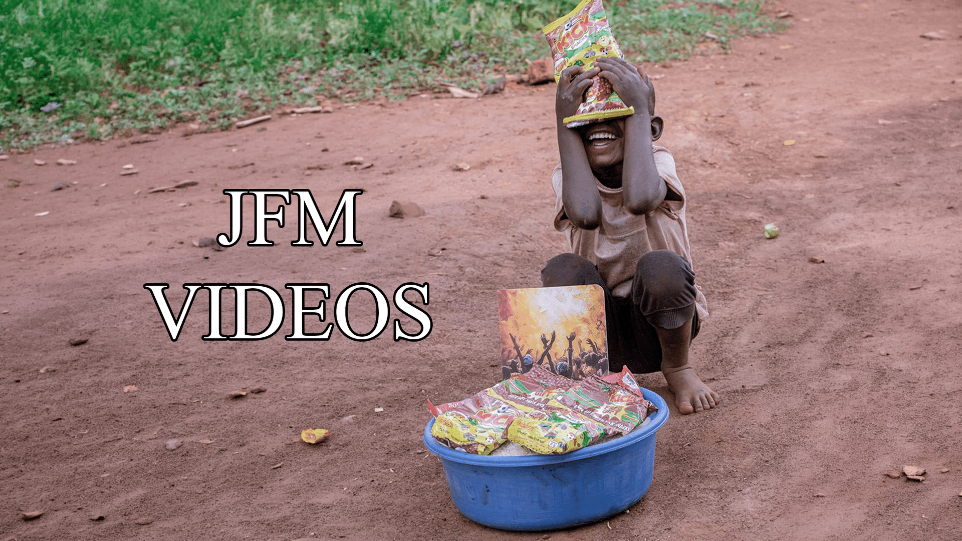 Video thumbnail of an elderly woman seated outdoors with a blue basin of food items, JFM Videos title overlay.