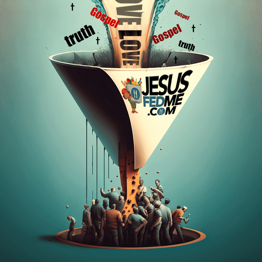 A graphic illustration shows a large funnel labeled JesusFedMe.com pouring words like truth, love, and gospel onto a crowd of silhouetted figures below.