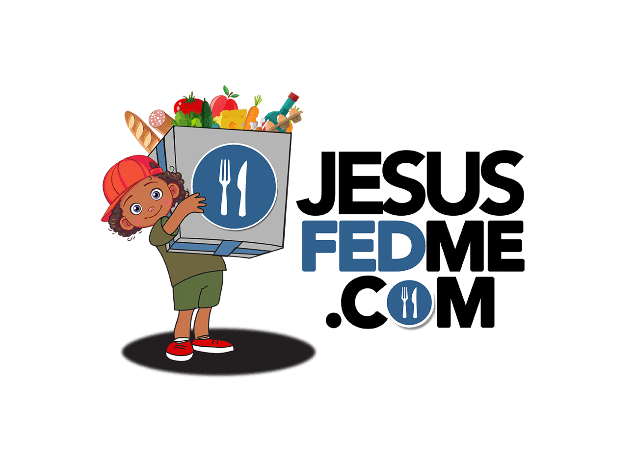 The JesusFedMe.com logo graphic with a cartoon mascot character carrying a grocery bag.