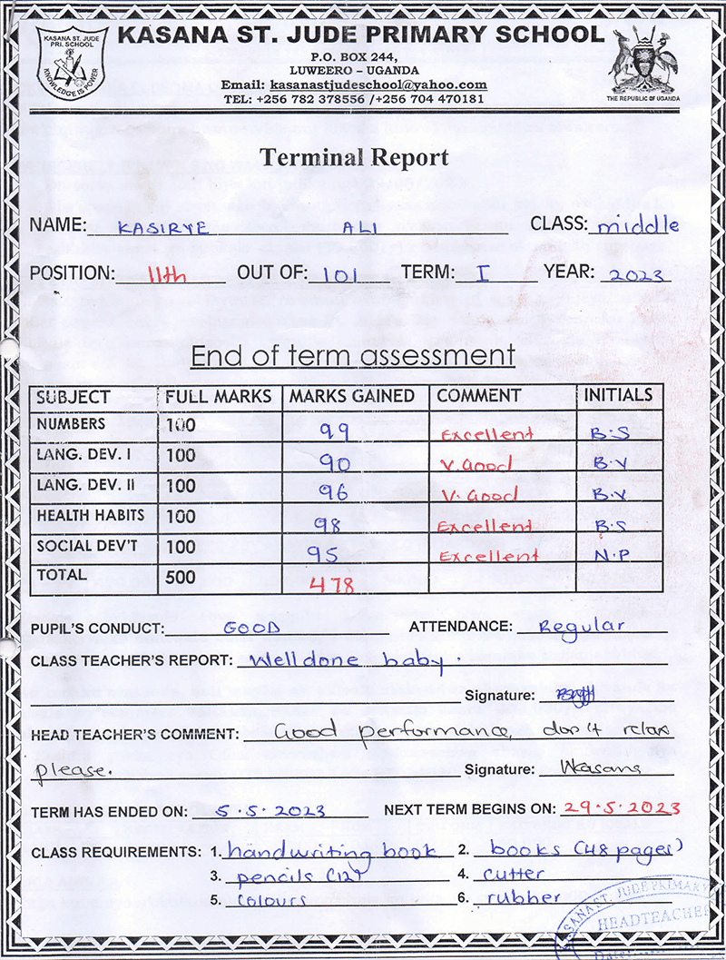 Scanned end-of-term academic transcript report from Kasana St. Jude Primary School.
