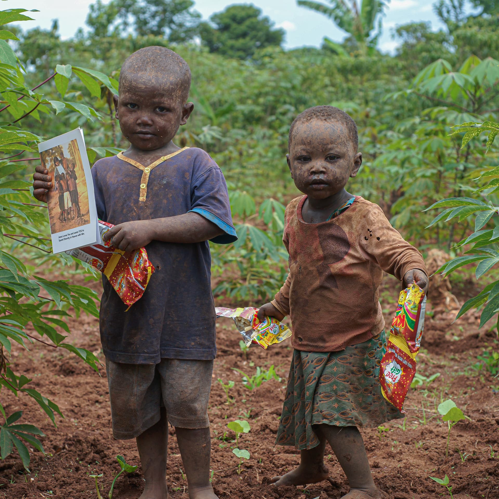 An older boy holds a photo and book while a younger boy holds a snack bag in a farm field.