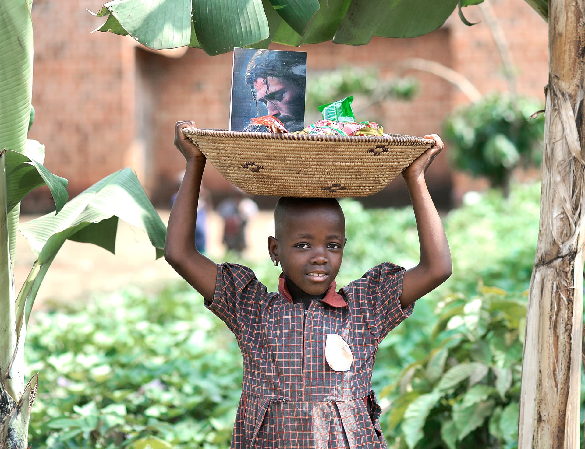 A girl balances a basket of food gifts and a photo on her head near banana plants.