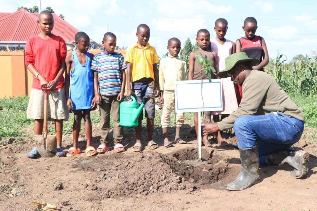 A group of Mashariki Children's Home kids stand around a young tree they planted at the orphanage.