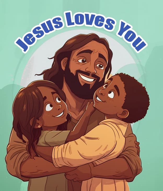 Illustrated cover of the children's book "Jesus Loves You" showing Jesus embracing two children.