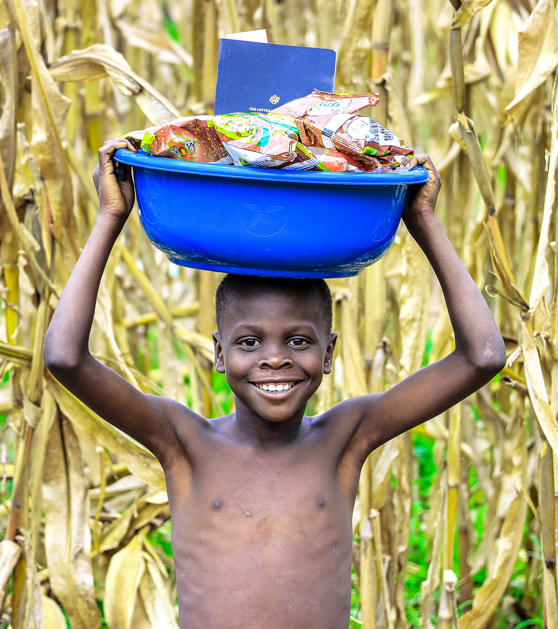 Shirtless boy smiles while balancing a blue basin of food gifts on his head in a cornfield.