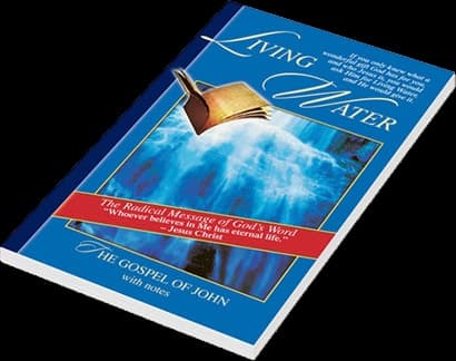 Cover of the "Living Water" gospel tract booklet featuring the Gospel of John, part of a donated shipment.