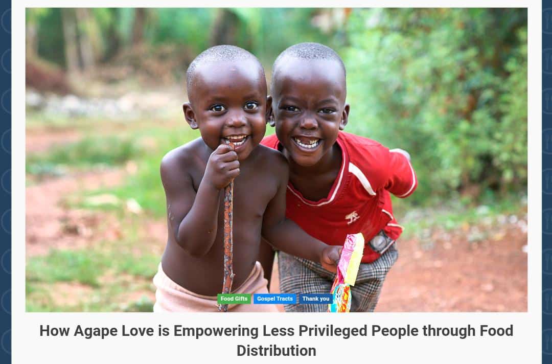 Social media graphic of two smiling boys, one carrying the other piggyback, captioned "How Agape Love is Empowering Less Privileged People through Food Distribution."