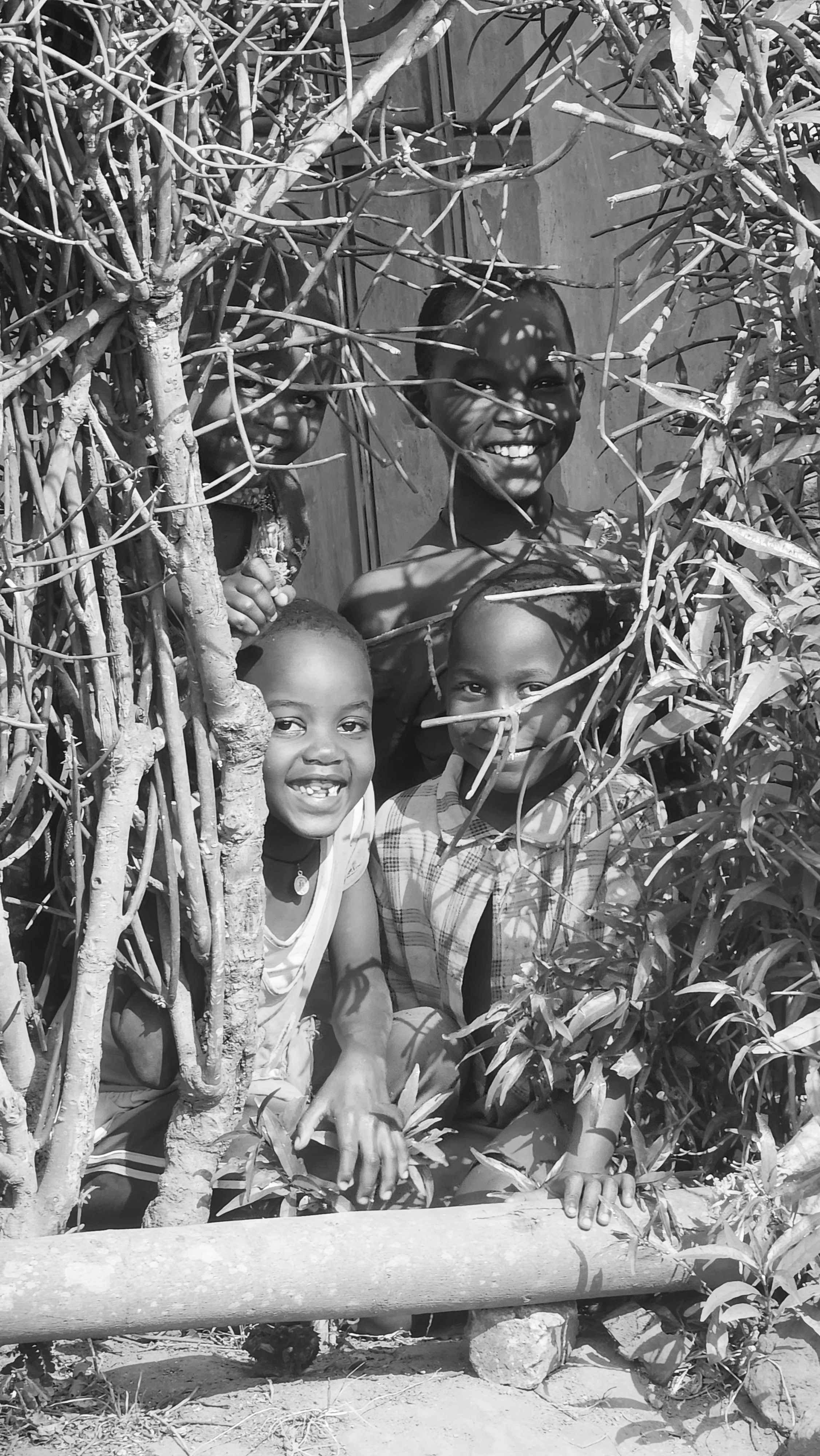 Black-and-white photo of a woman and children standing among tree branches