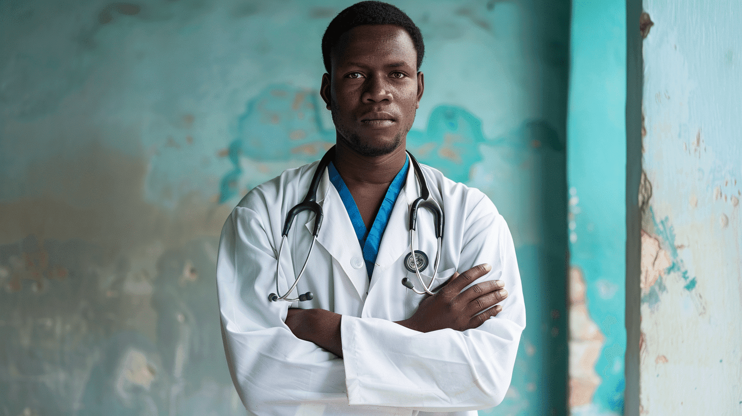 A doctor in a white coat and stethoscope stands with arms crossed against a teal wall.