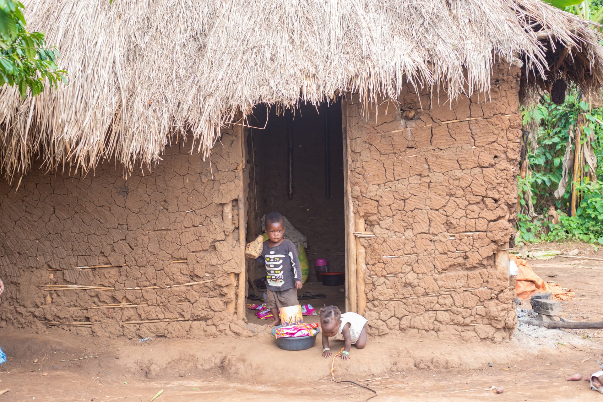 Thatched-roof mud house with a person standing in the doorway holding a bowl