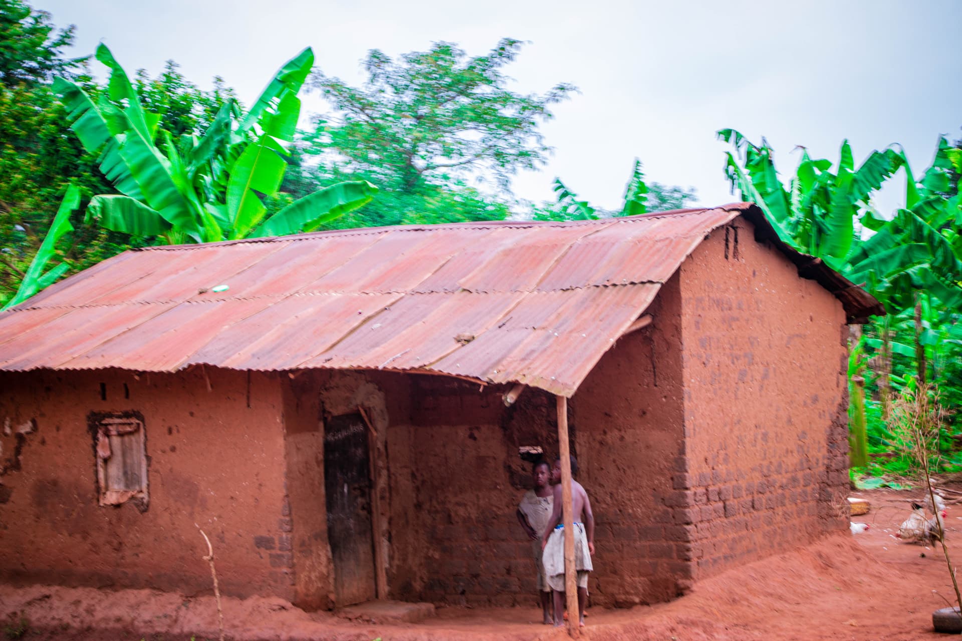 A mud-brick house with a thatched roof, likely Monica's home.