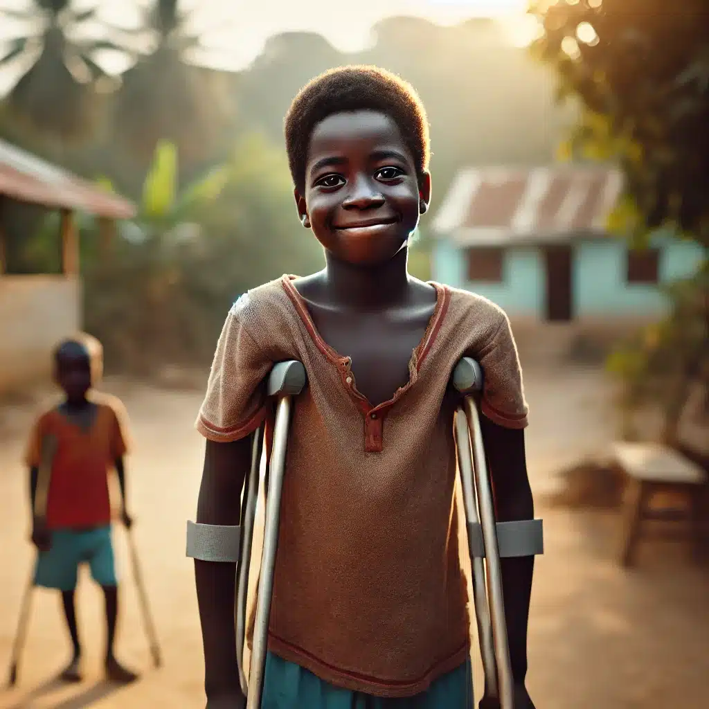 Stylized image of a boy walking on crutches outdoors in golden light, another boy behind him, illustrating his leg fracture recovery.