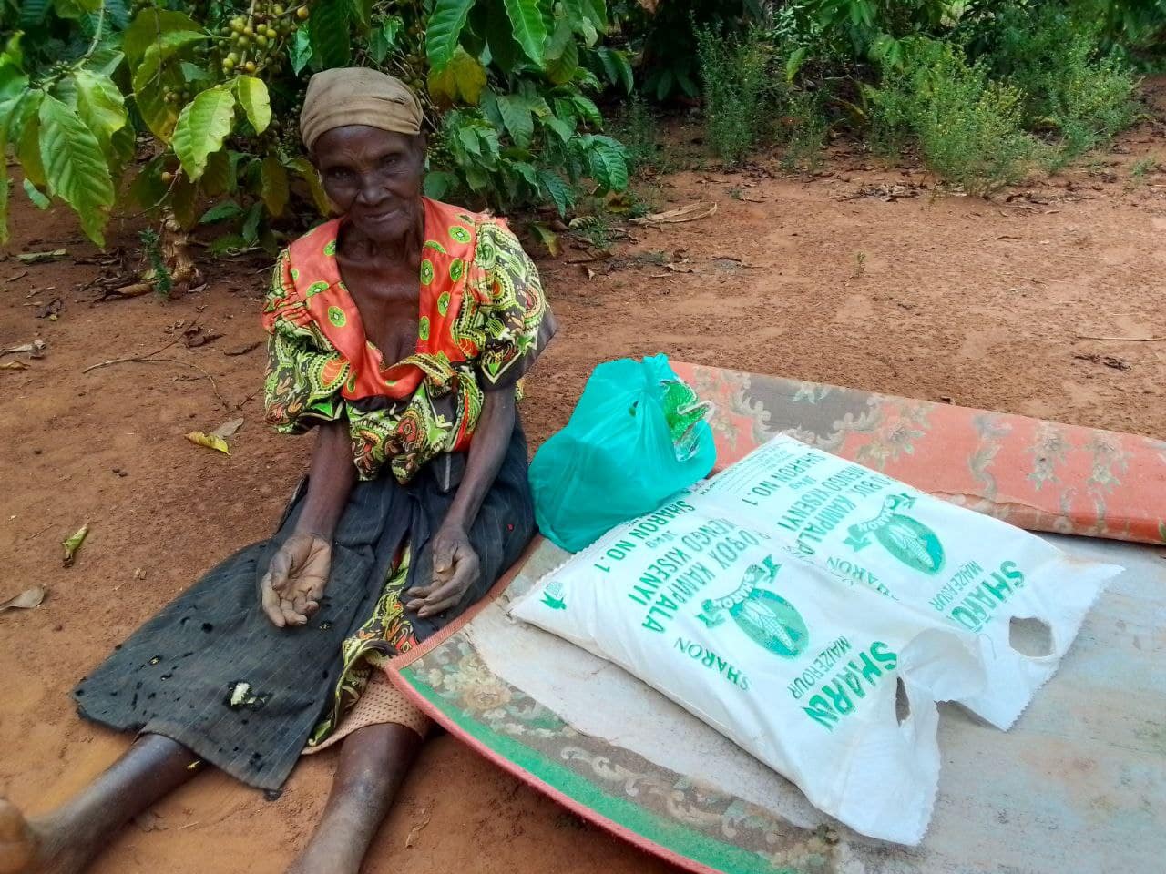 Elderly woman sitting outdoors beside a bundle of food supplies wrapped in green plastic.