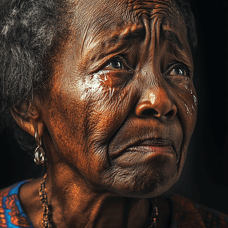 Close-up portrait of an elderly woman's tearful, weathered face.