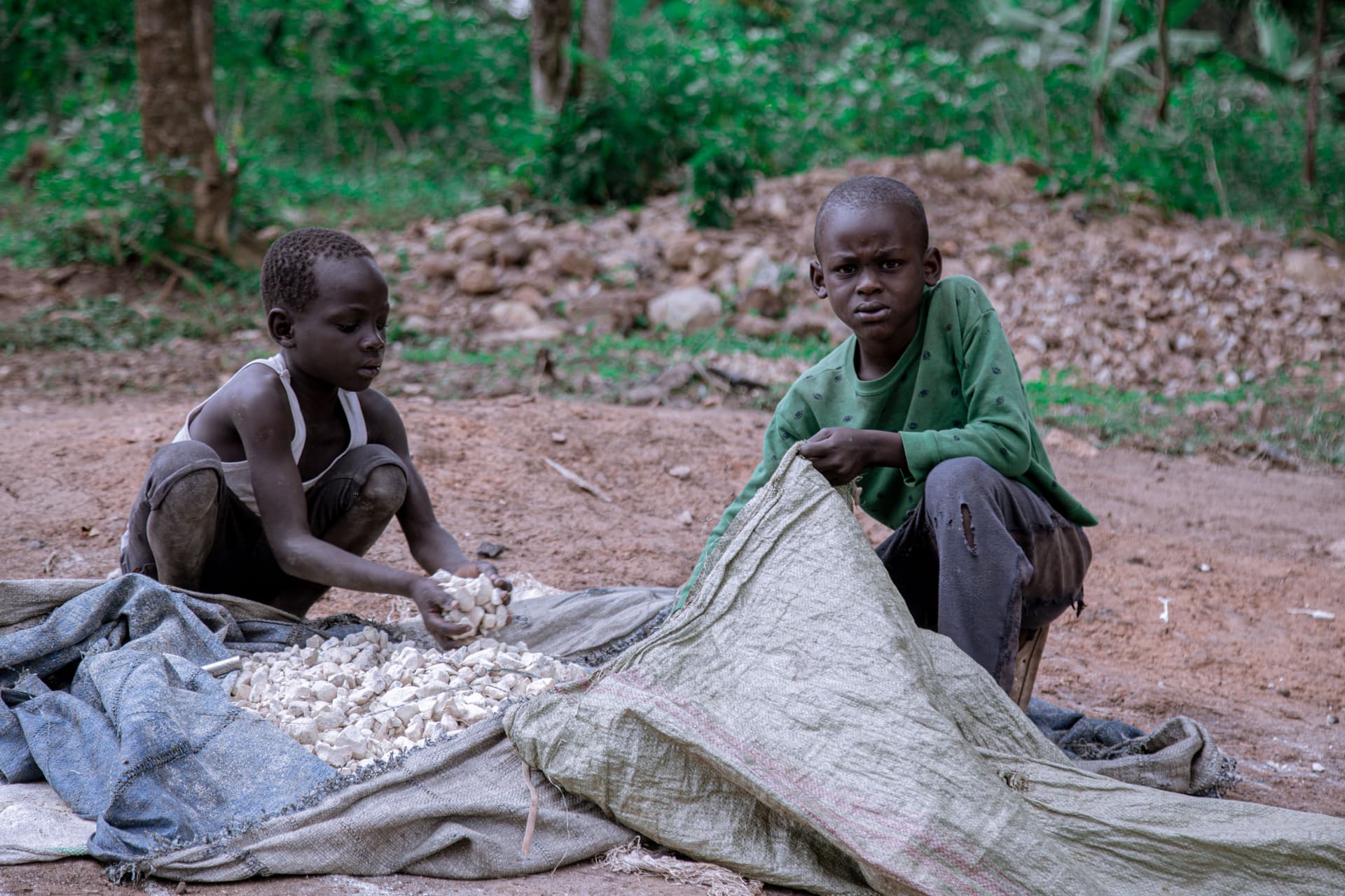 Two boys sit on the ground sorting grain spread out on a tarp.