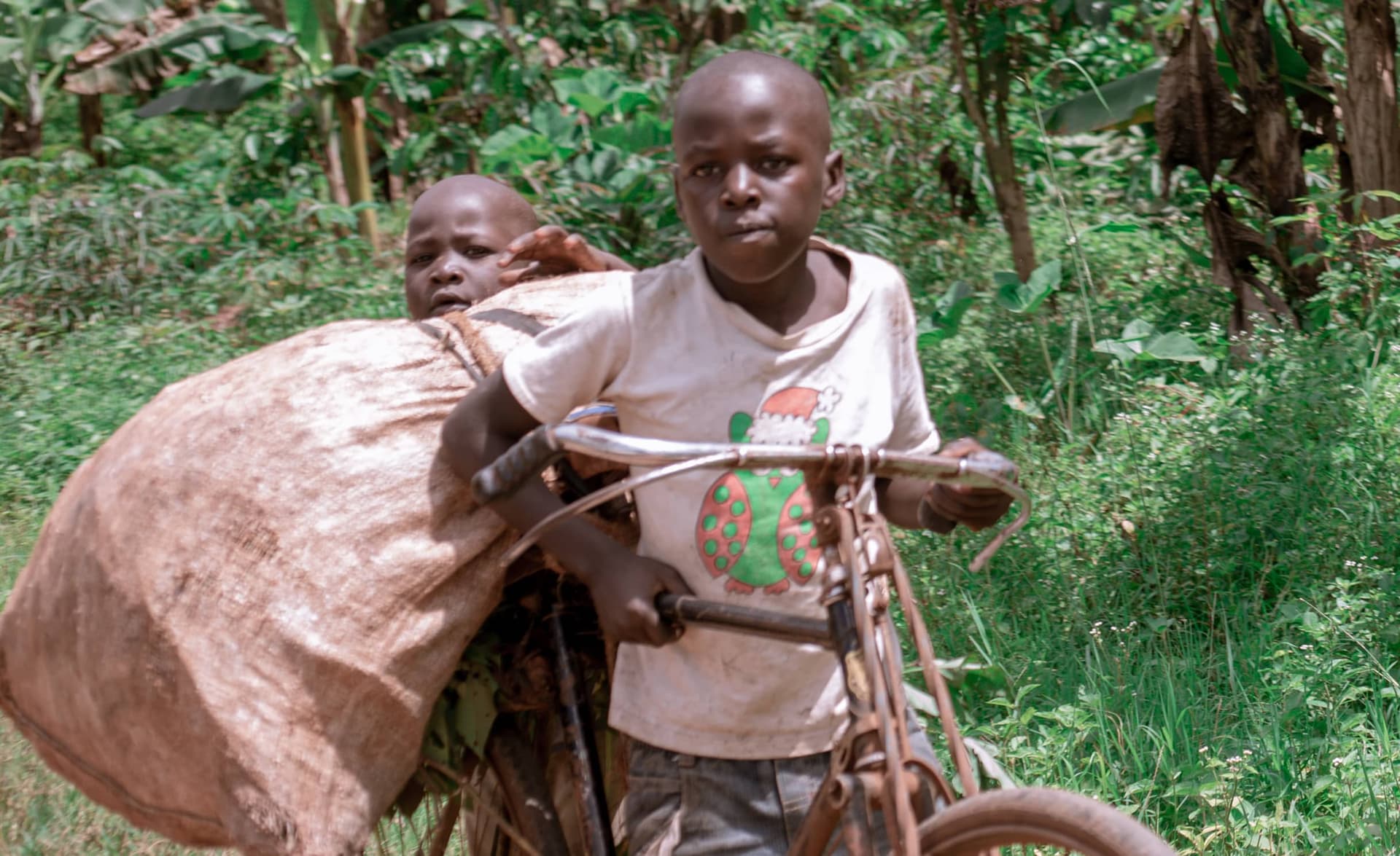 A boy carries a smaller child on his back while pushing a bicycle loaded with a sack, walking through greenery.