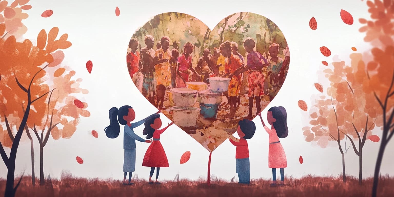 Illustrated heart-shaped graphic showing silhouettes of people forming a chain of giving, autumn leaves scattered around.