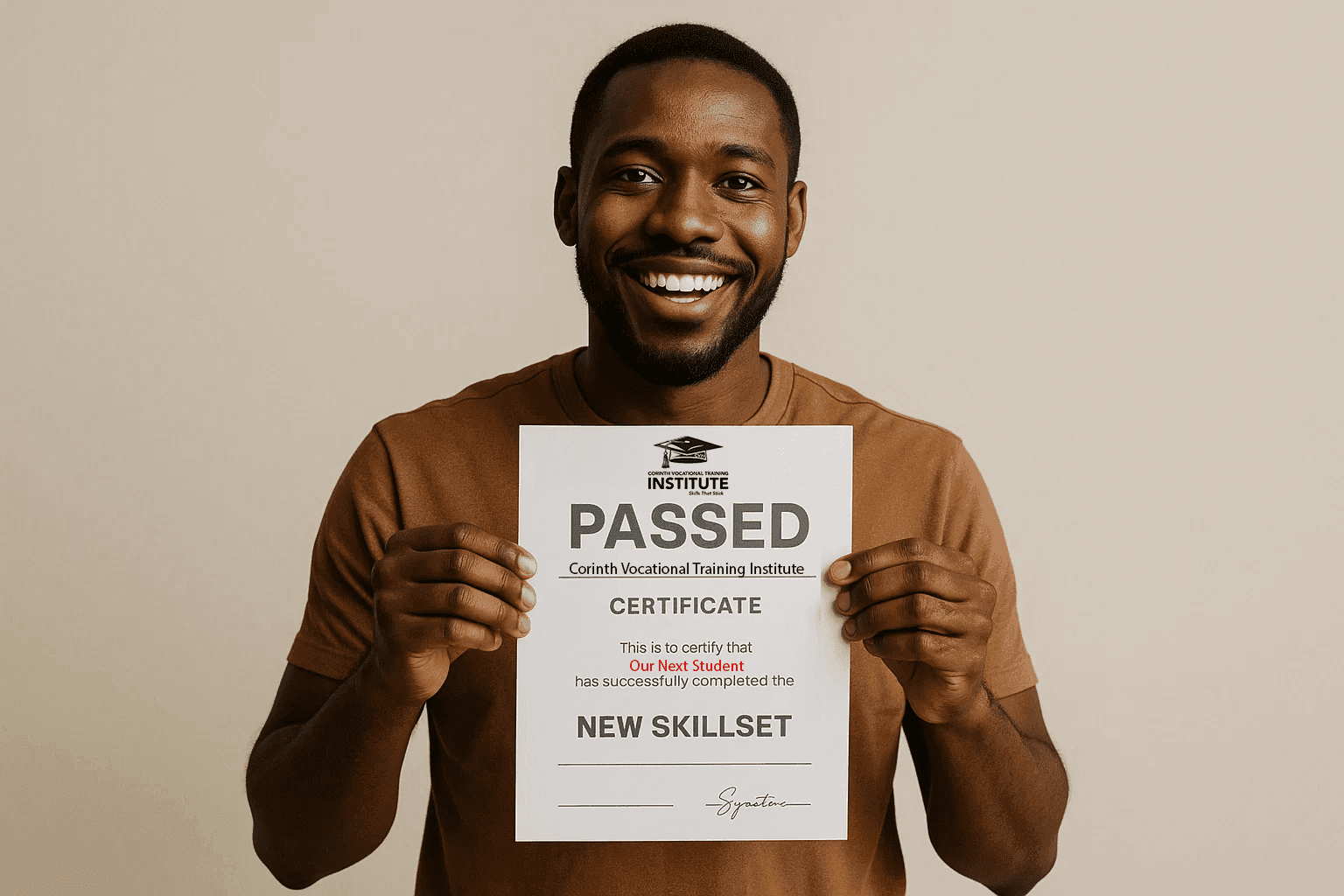 Smiling man holding up a certificate reading PASSED, representing a vocational training graduate.